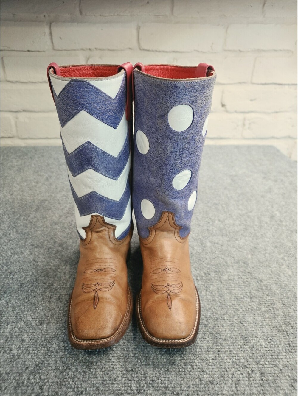 Macie Bean Kids Western Boots Mismatched Polka Dot Chevron Square Toe Youth Sz 3